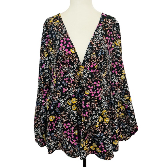 Shein Curve Floral Blouse Long‎ Sleeve V Neck Button Front 1XL - Picture 4 of 11